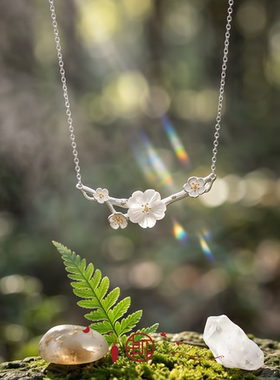 软语S925银天然白水晶梅枝手镯