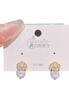 实拍925银针法式轻奢山茶花朵耳环女 小众设计珍珠耳钉新款感耳饰