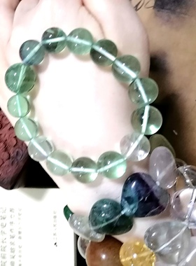 福百瑞珠宝孤品天然玻璃体湖水翠绿冰糖萤石大珠美貌复古手链