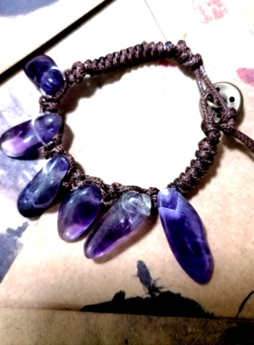 福百瑞珠宝 天然长牙紫水晶原石水晶手作蜡绳编织手链