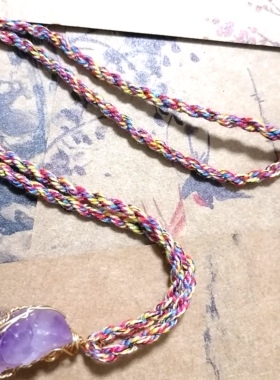 阿福珠宝 天然淡紫晶簇缠绕编织吊坠藏式手搓棉线项链