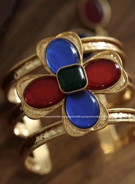 小众欧美女黄铜彩色琉璃高级感