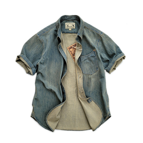 西里布夏季纯棉牛仔半袖衬衫阿美咔叽复古休闲新品非rrl kapital - 图1
