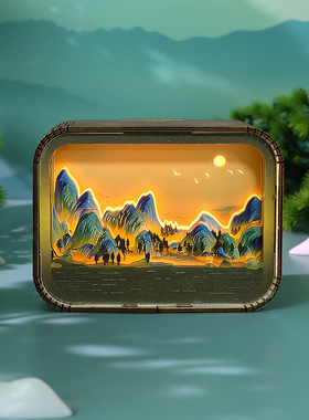 新中式文创摆件千里江山木雕小夜灯办公室书房客厅家居工艺品定制