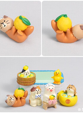 日式柚子海獭温泉猫咪治愈摆件