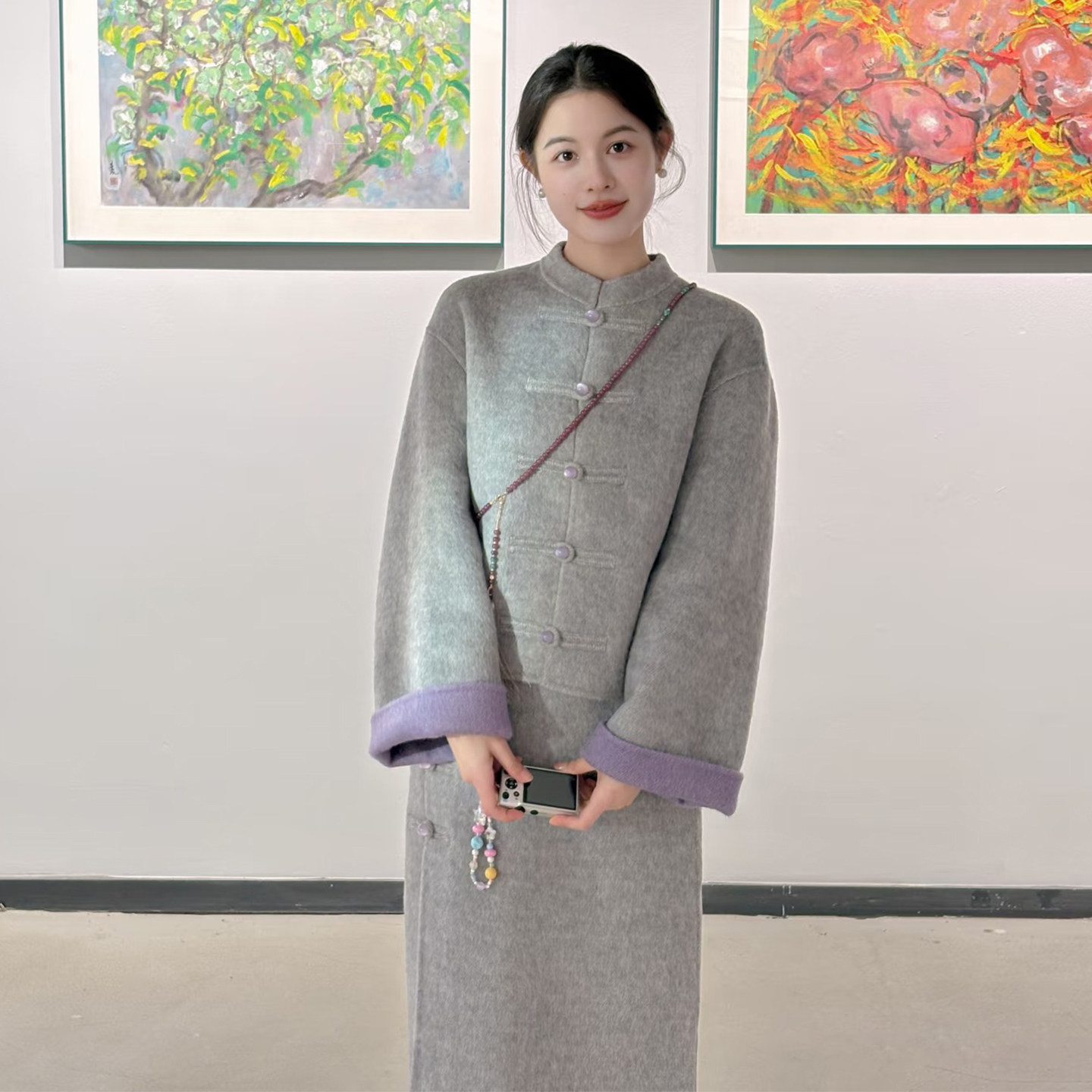 新中式立领撞色两件套女冬秋季长袖盘扣短款外套高开叉半身裙套装,淘宝优惠券,粉丝福利购,淘宝优惠卷