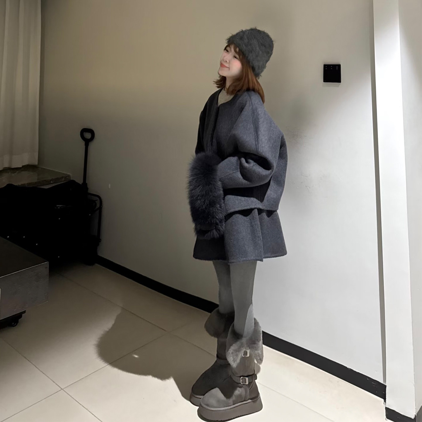 韩系灰色毛呢套装女秋冬季围脖外套半身裙三件套小个子高腰显瘦,淘宝优惠券,粉丝福利购,淘宝优惠卷