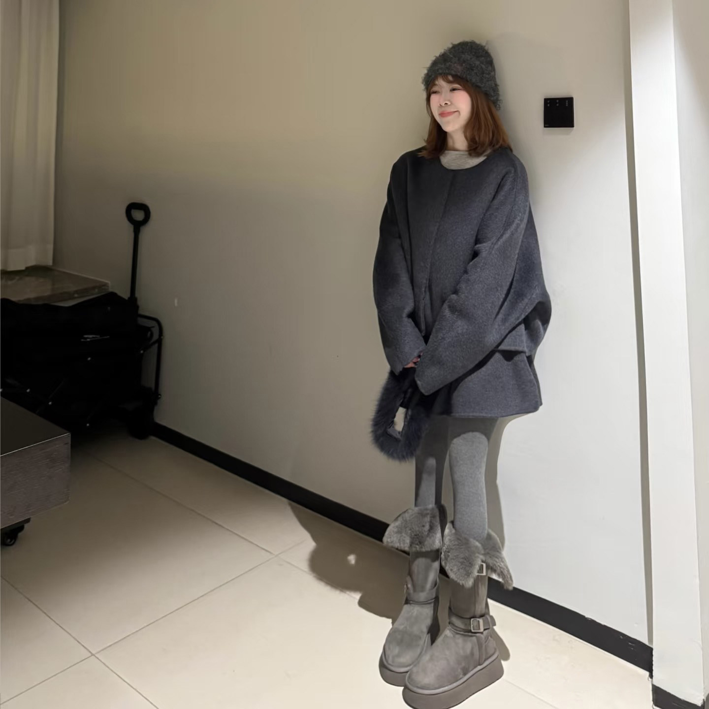 韩系灰色毛呢套装女秋冬季围脖外套半身裙三件套小个子高腰显瘦,淘宝优惠券,粉丝福利购,淘宝优惠卷