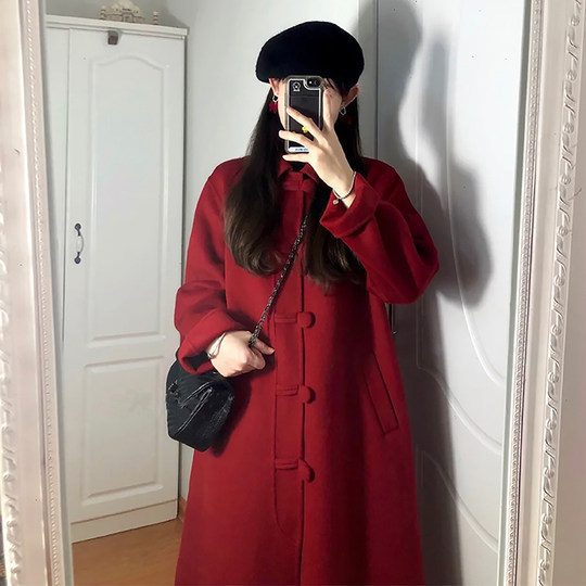 Women's burgundy woolen coat autumn and winter woolen coat