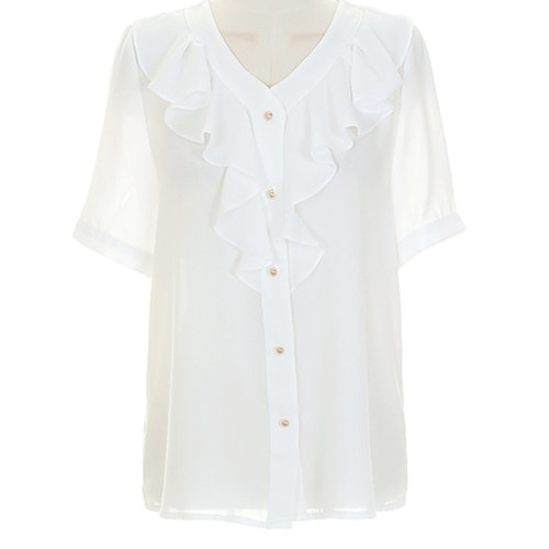 很仙的雪纺上衣女洋气短袖2019夏新款韩版心机设计感荷叶边白衬衫-图3