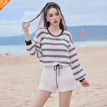 Swimsuit Split Four Pieces Casual Sports Wind Long Sleeve Female cover Slim Bikini Sexy Bubble Hot Spring Holiday