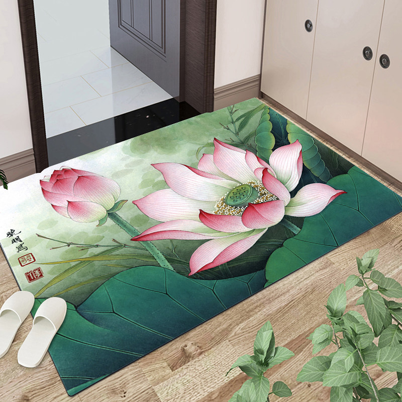 中式荷花入户门地垫PVC免洗可擦高端进门脚垫防滑门厅玄关蹭脚垫,淘宝优惠券,粉丝福利购,淘宝优惠卷