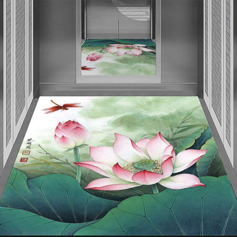中式荷花入户门地垫PVC免洗可擦高端进门脚垫防滑门厅玄关蹭脚垫,淘宝优惠券,粉丝福利购,淘宝优惠卷