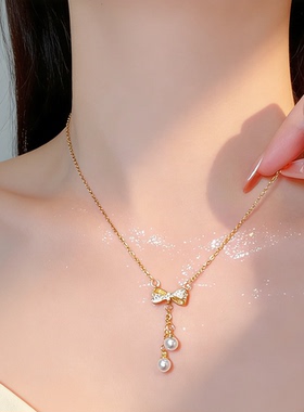 蝶结珠落～温柔风蝴蝶结项链 超仙珍珠水滴锁骨链 小众精致颈饰
