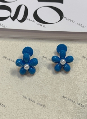 甜美克莱因蓝清新花朵耳夹耳钉女
