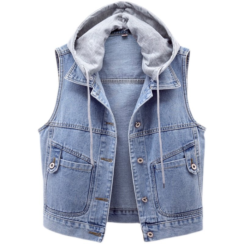 2024春秋新款修身连帽牛仔马甲女短款单排扣无袖坎肩百搭学生上衣,淘宝优惠券,粉丝福利购,淘宝优惠卷