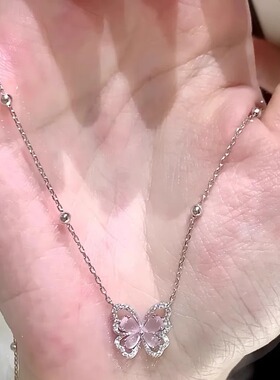 925纯银粉色蝴蝶项链猫眼石吊坠