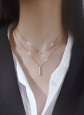 双层闪钻项链女纯银冷淡风锁骨链