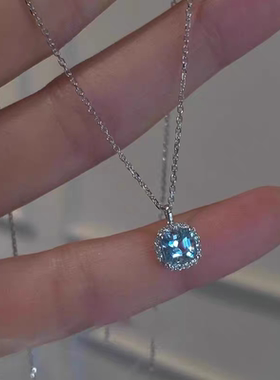S925纯银蓝珠鱼尾方糖蓝钻项链女