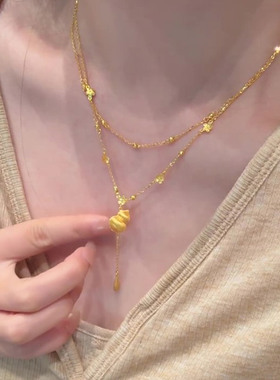 双层金色花朵葫芦水滴流苏项链女