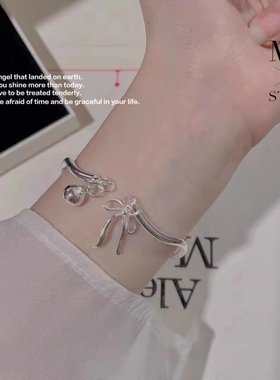 S925纯银手镯女款蝴蝶结铃铛