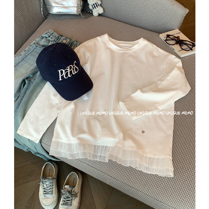 女大童韩版蕾丝拼接长袖T恤2025春装新款少女早春叠穿小白T打底衫,淘宝优惠券,粉丝福利购,淘宝优惠卷