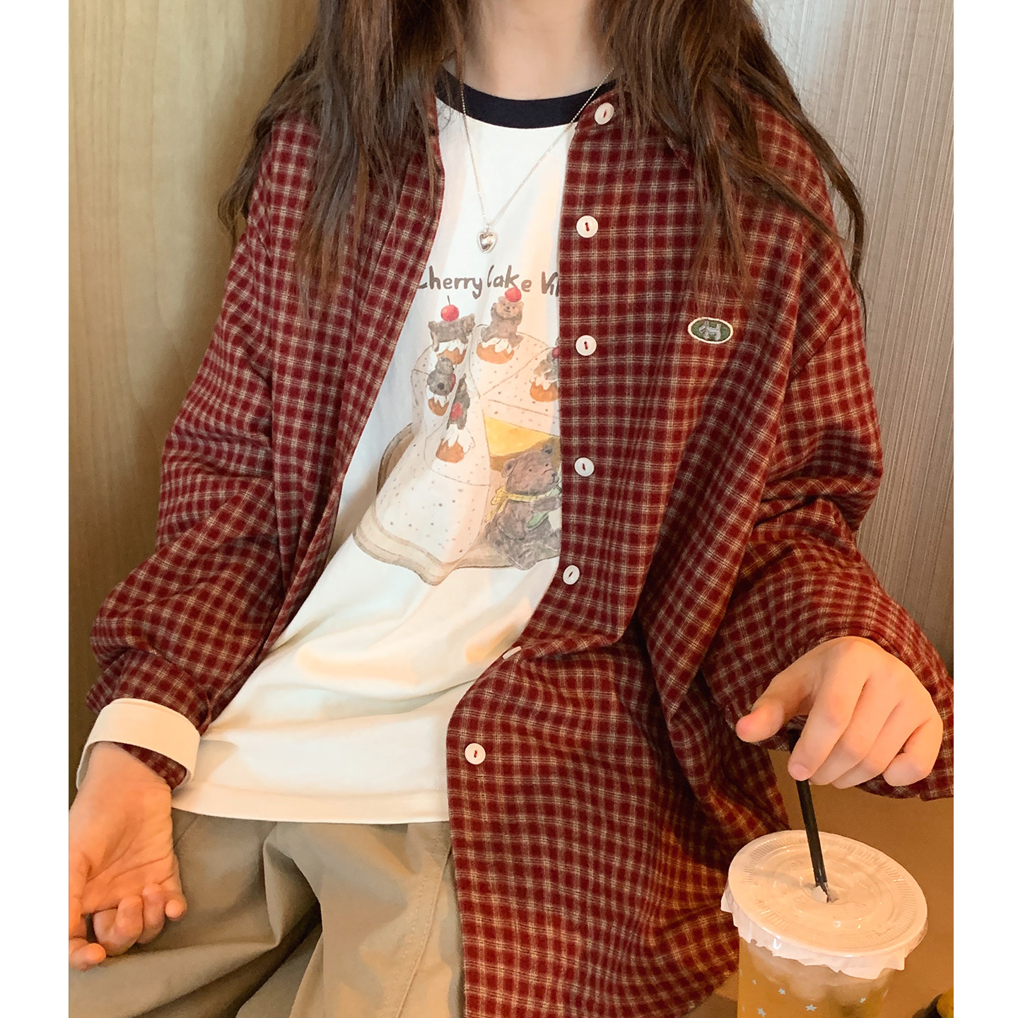 Korean style casual loose red plaid lapel shirt top