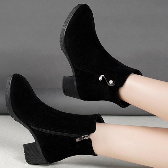 Genuine leather women's boots frosted medium heel short boots for women 2024 new style