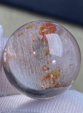 天然水晶黑银钛共生红胶花吊坠圆珠DIY胶花单珠饰品项链17.5mm