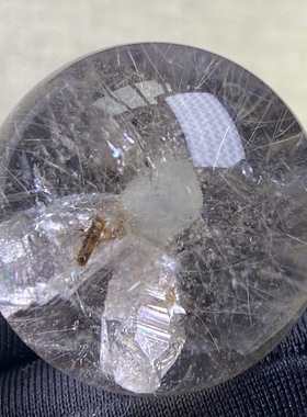 天然水晶发晶包裹七彩晶中晶吊坠圆珠DIY水晶单珠饰品项链24mm