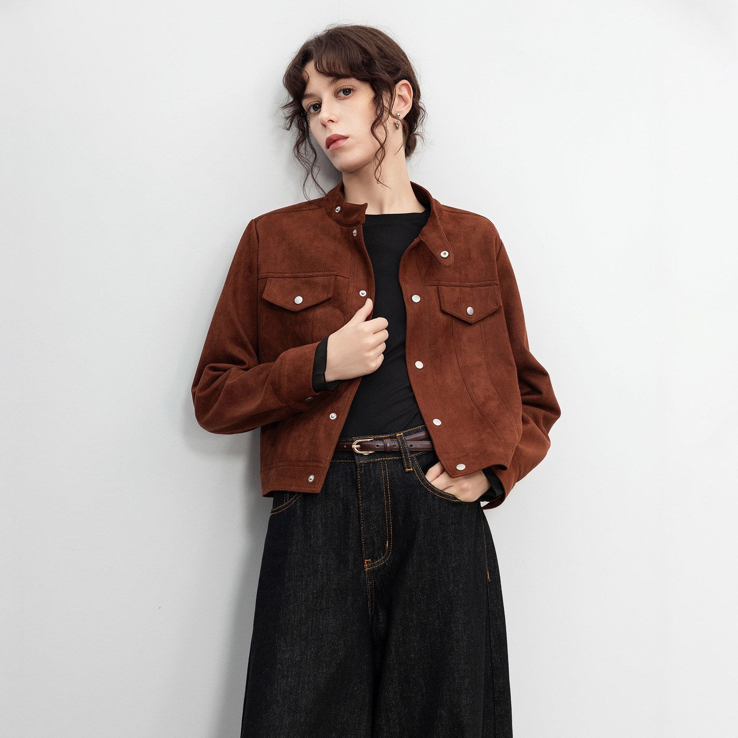 德玛纳复古风麂皮绒立领外套女春秋新款假口袋装饰短款夹克上衣,淘宝优惠券,粉丝福利购,淘宝优惠卷