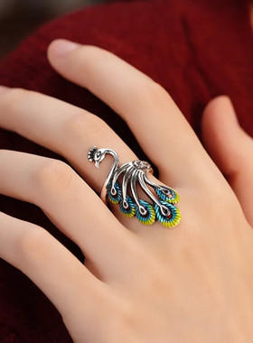复古珐琅彩凤凰戒指女