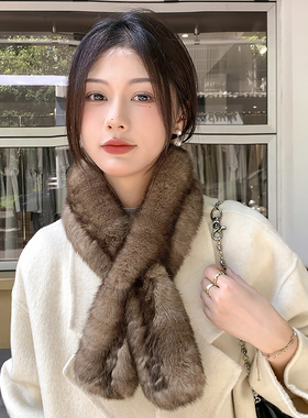 韩版真兔毛编织围巾女秋冬双面加厚保暖围脖高级感百搭皮草毛领子