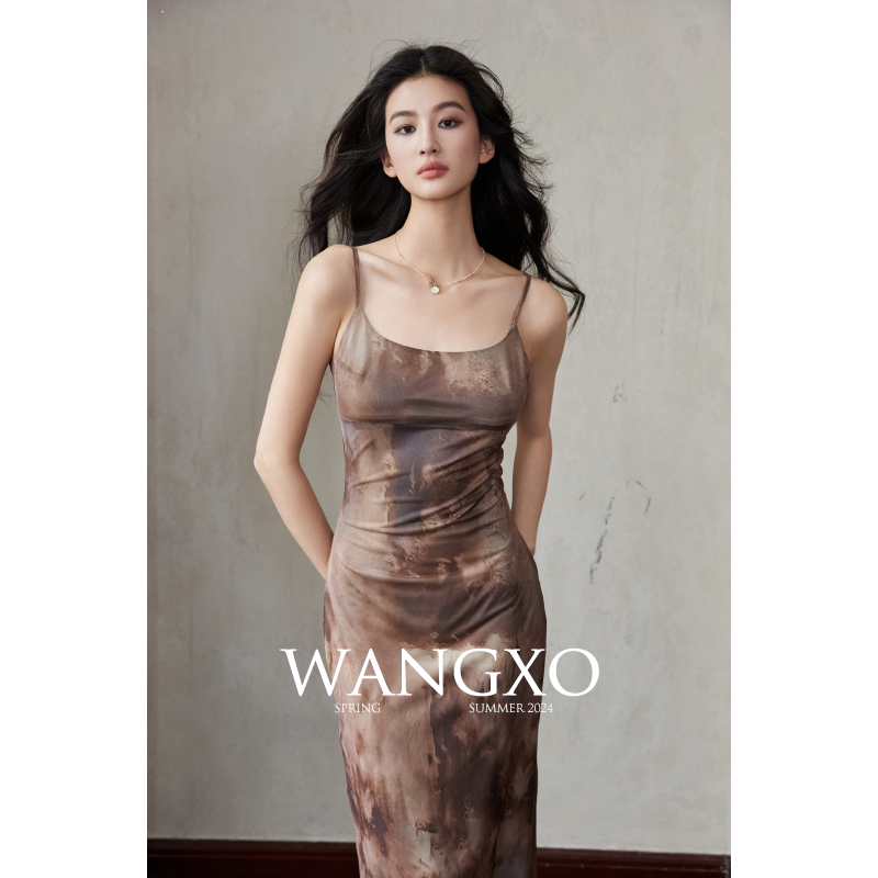 WANGXO｜弹力网布幻影印花｜高级莫兰迪色｜紧身长款吊带连衣裙女