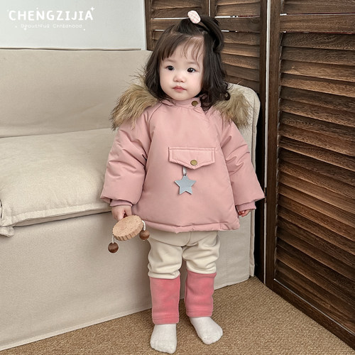 女宝宝冬款韩版毛领连帽外套女童洋气加厚保暖棉袄婴幼儿休闲棉衣 - 图2