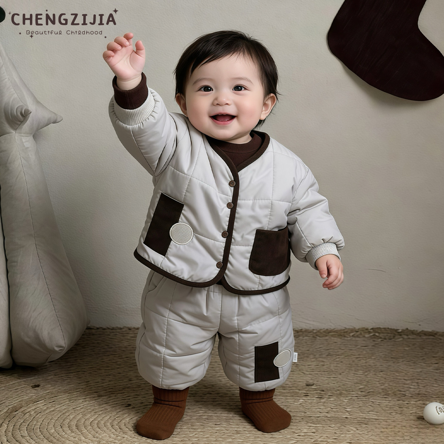 男童冬季保暖棉服套装男宝宝韩版夹棉加厚外套婴幼儿加绒束脚裤子,淘宝优惠券,粉丝福利购,淘宝优惠卷