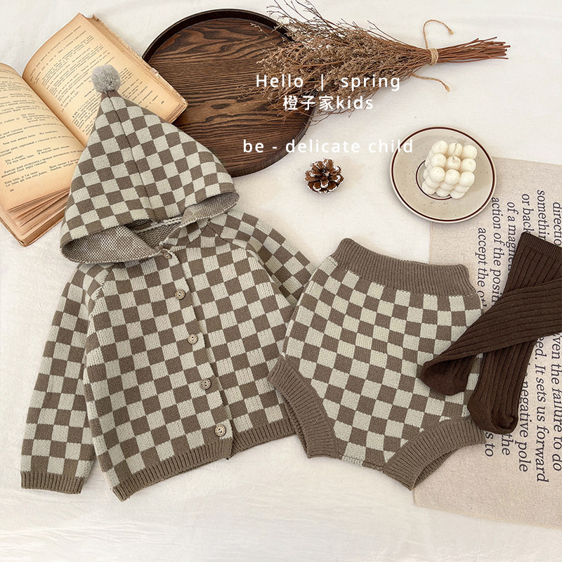 男童春秋装复古格子连帽毛衣开衫外套洋气女宝宝针织包屁短裤套装,淘宝优惠券,粉丝福利购,淘宝优惠卷