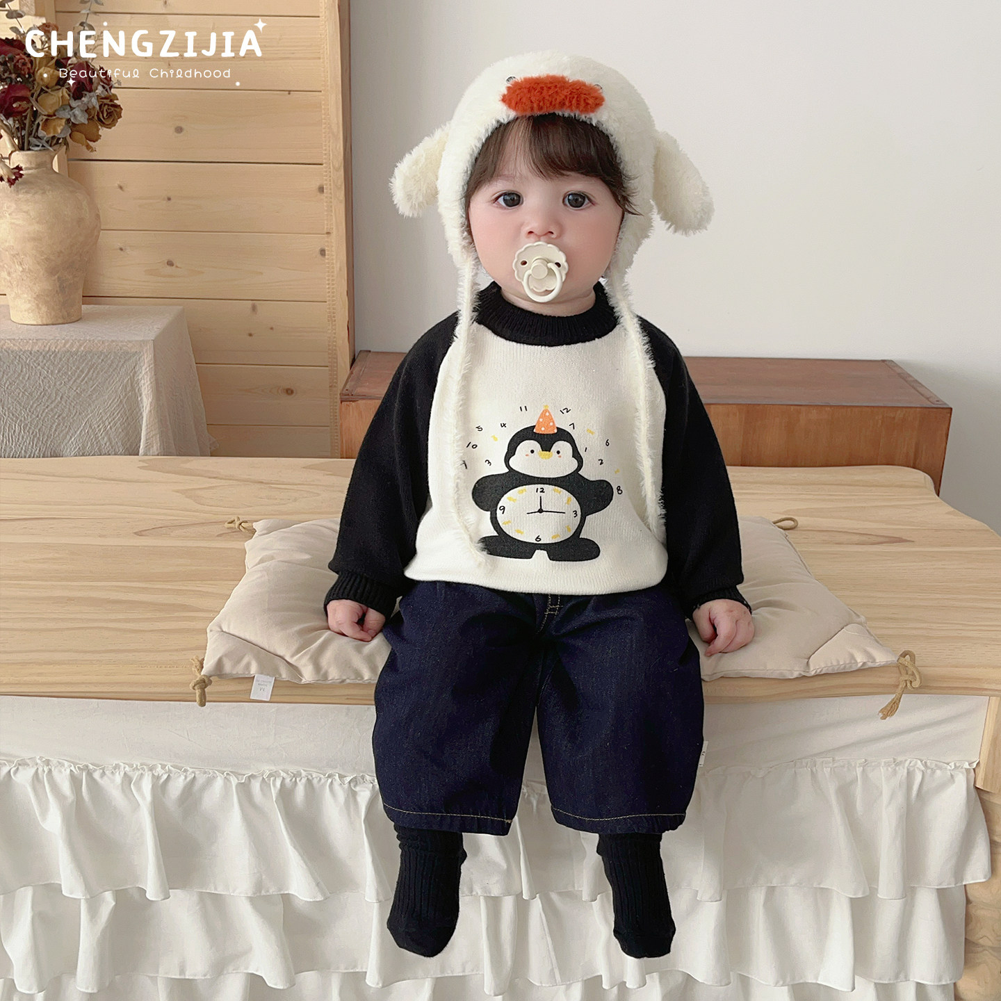 男宝宝冬装可爱毛衣套装男童卡通加厚保暖针织衫婴儿百搭牛仔裤子,淘宝优惠券,粉丝福利购,淘宝优惠卷