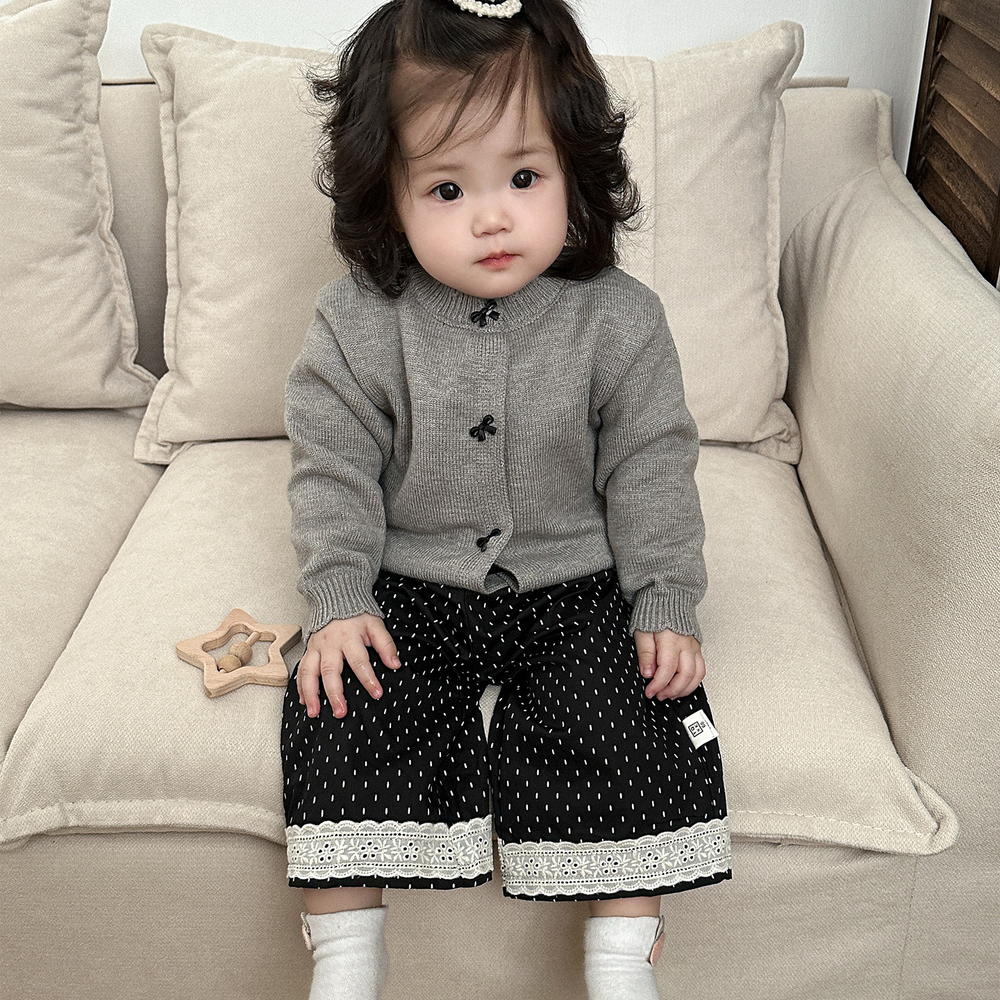 女宝宝春秋季套装婴儿时髦针织外套洋气打底衫花边长裤气质三件套,淘宝优惠券,粉丝福利购,淘宝优惠卷