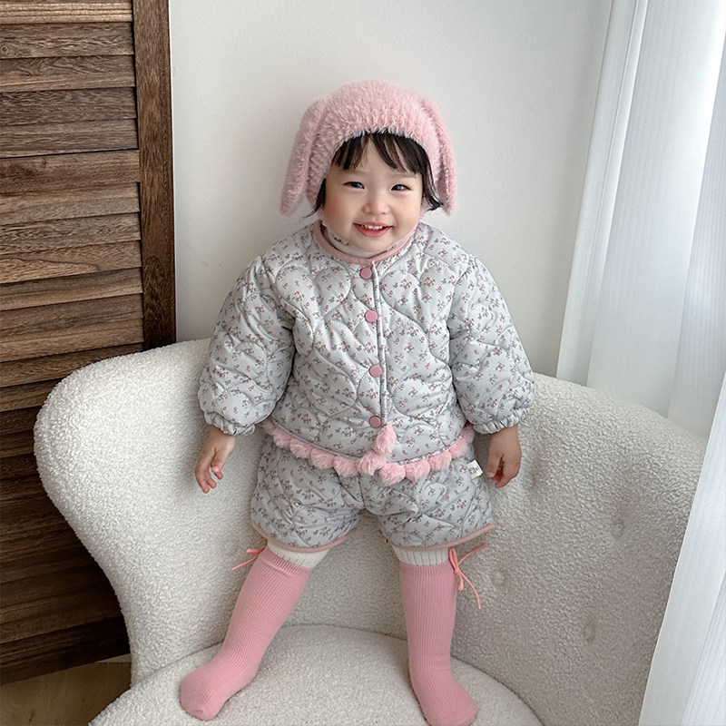 女童秋冬装碎花棉服套装洋气小女孩夹棉加厚棉衣外套宝宝保暖短裤,淘宝优惠券,粉丝福利购,淘宝优惠卷