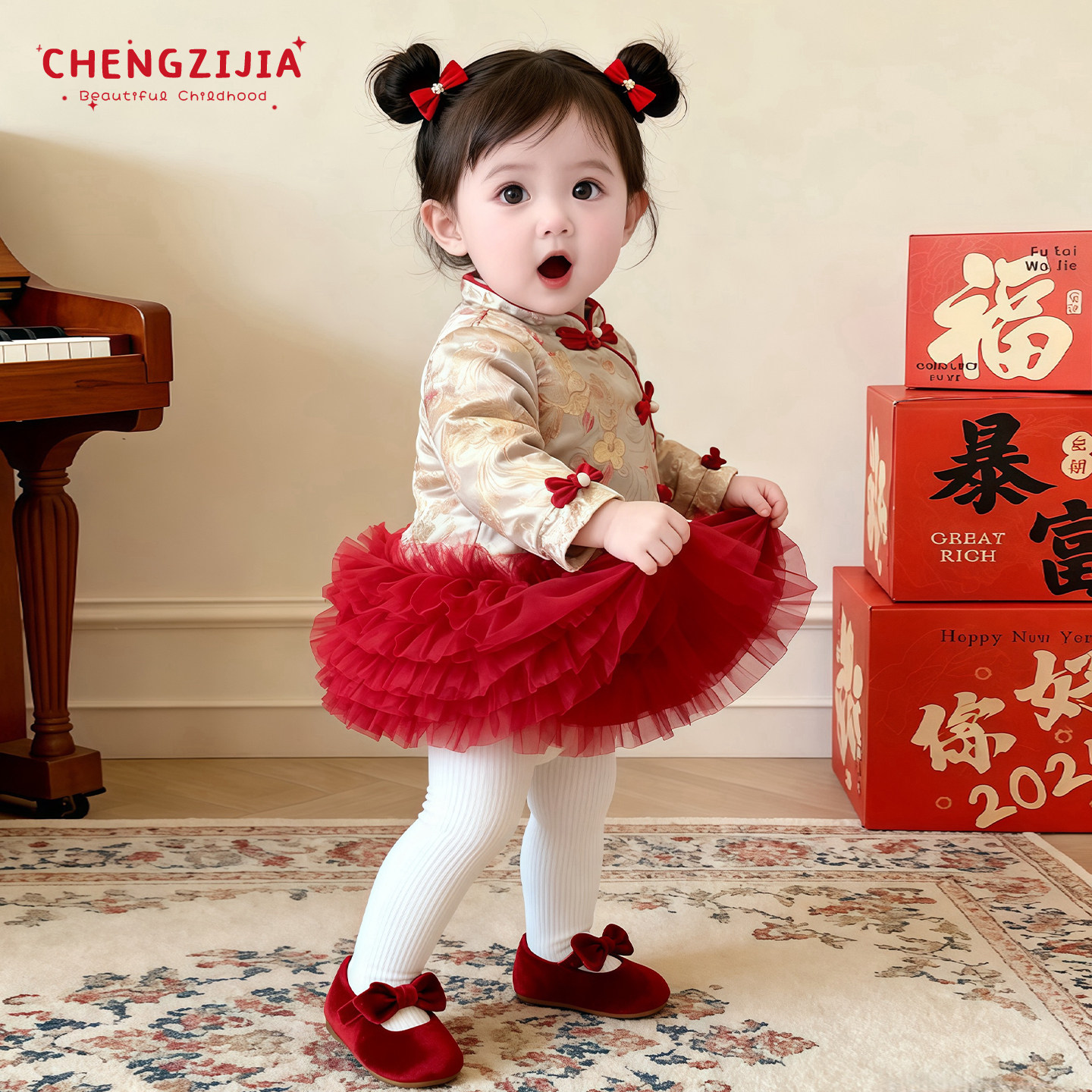 女童冬季拼接网纱加绒加厚连衣裙女宝宝新中式拜年服婴儿新年裙子,淘宝优惠券,粉丝福利购,淘宝优惠卷