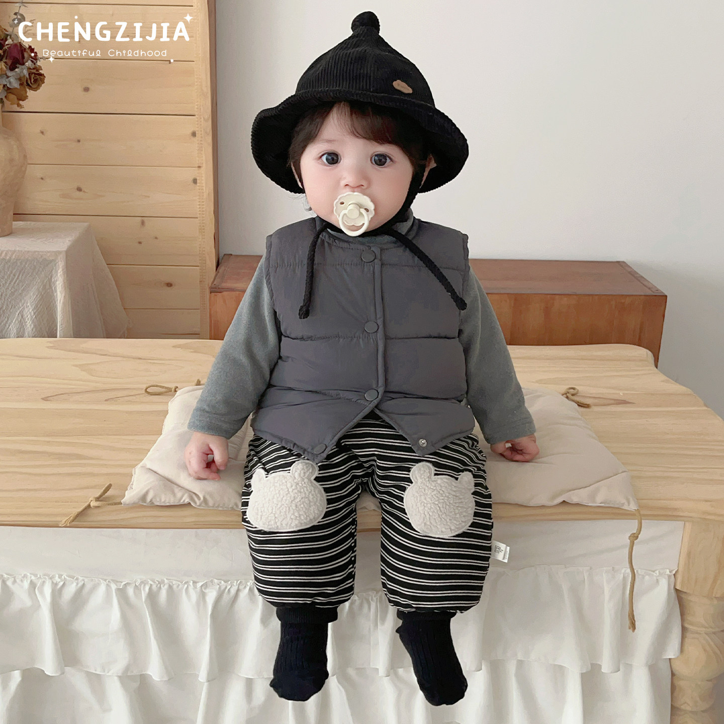 男宝宝冬款卡通马甲套装男童洋气加厚保暖背心打底衫婴儿条纹裤子,淘宝优惠券,粉丝福利购,淘宝优惠卷