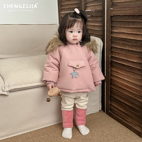 女宝宝冬款韩版毛领连帽外套女童洋气加厚保暖棉袄婴幼儿休闲棉衣 - 图0