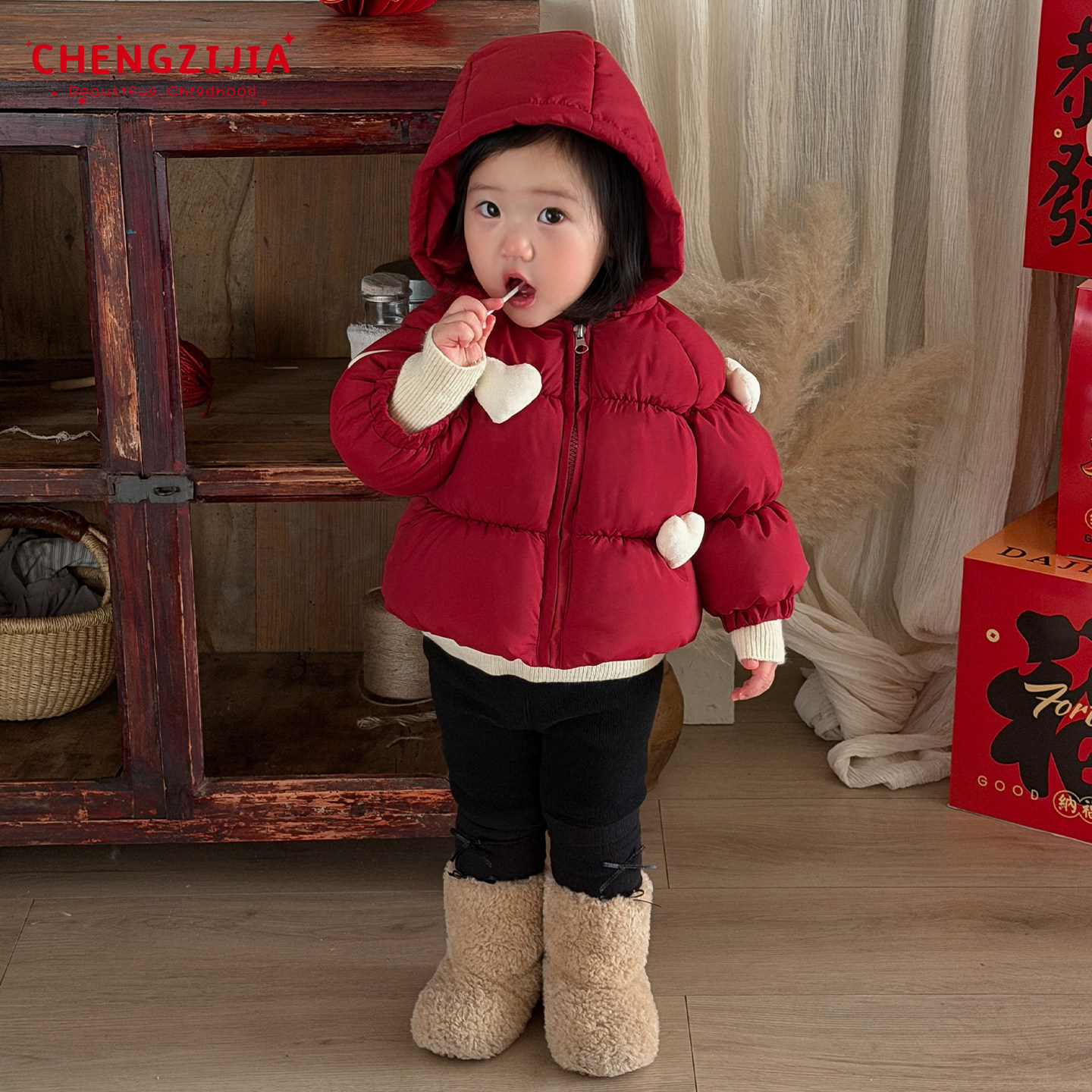 女童冬款新年棉服套装女宝宝韩版加厚保暖连帽外套婴儿加绒打底裤,淘宝优惠券,粉丝福利购,淘宝优惠卷