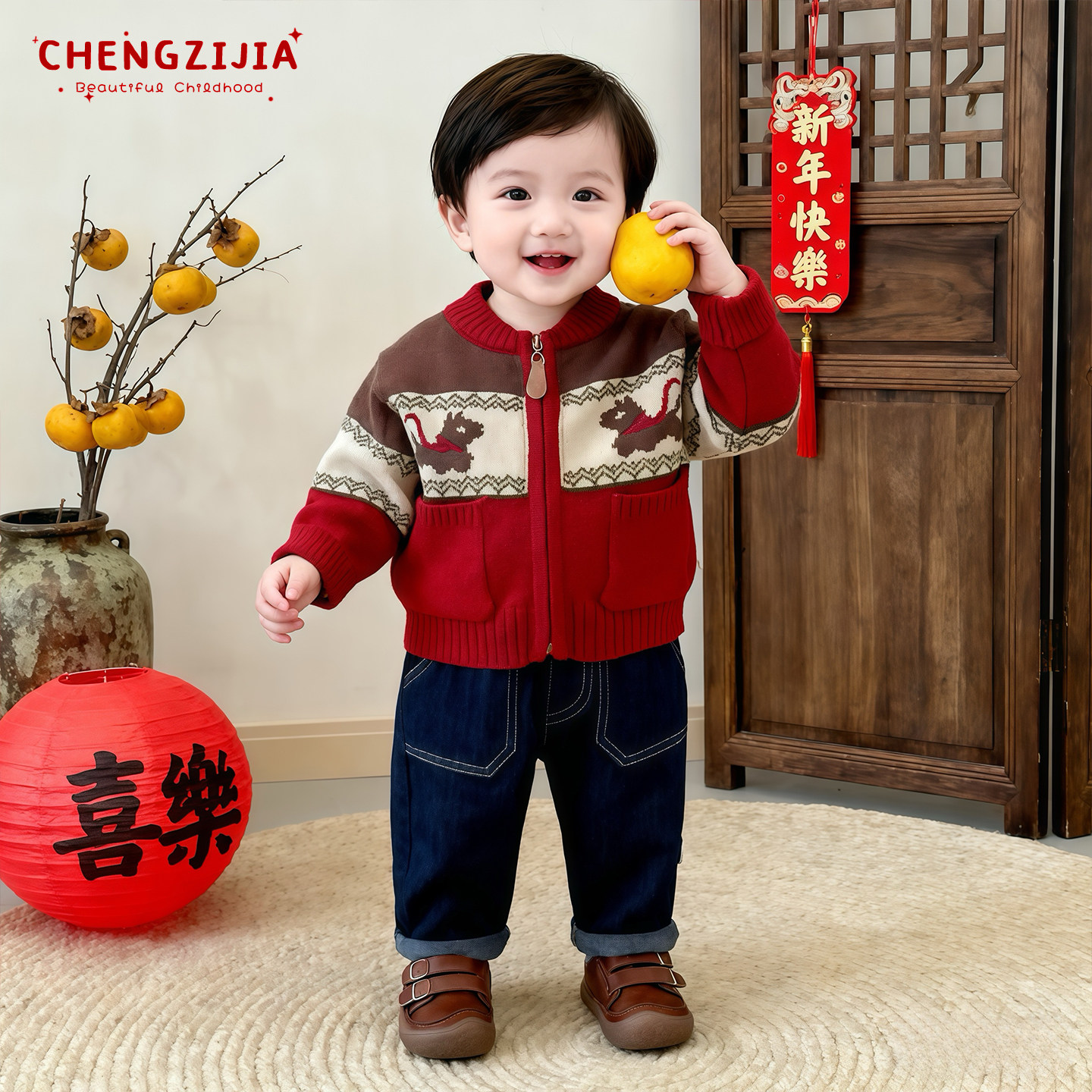 男宝宝冬款针织开衫套装男童新年可爱加厚保暖毛衣婴儿加绒牛仔裤,淘宝优惠券,粉丝福利购,淘宝优惠卷