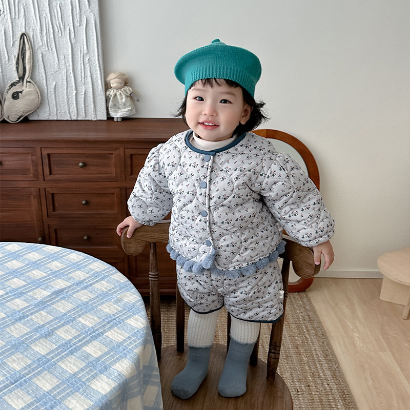 女童秋冬装碎花棉服套装洋气小女孩夹棉加厚棉衣外套宝宝保暖短裤,淘宝优惠券,粉丝福利购,淘宝优惠卷