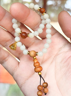 原创设计「玉根柏影结福莲」天然白玉菩提根崖柏葫芦简约手串手持