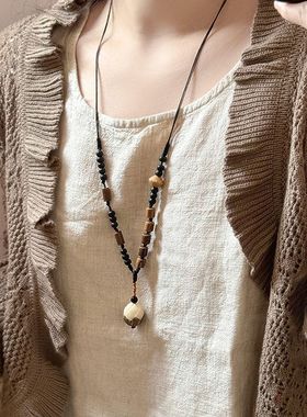 新中式松子木珠吊坠项链民族风