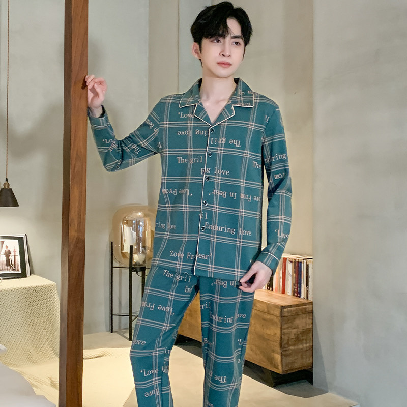 纯棉春秋新款男士男生长袖长裤睡衣 卡卡服饰专营睡衣/家居服套装