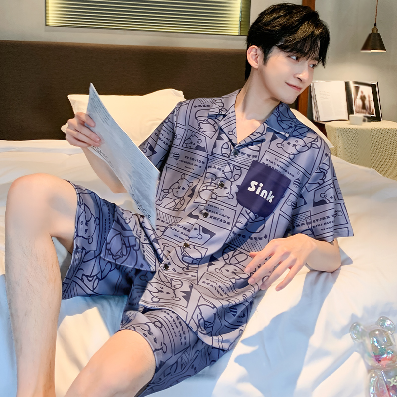 卡卡服饰专营睡衣男夏季2022年新款男士开衫冰丝绸薄款短袖学生夏天家居服套装0